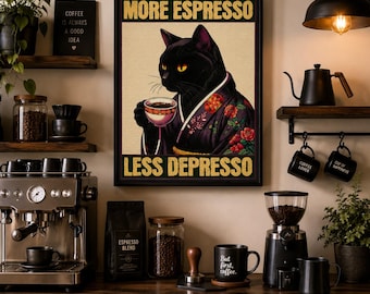Vintage Black Cat Coffee Poster | Funny Cat Wall Art | Coffee Bar Decor, Cafe Print Wall Art | Cat Cafe Lover Gift, Retro Kitchen Wall Decor