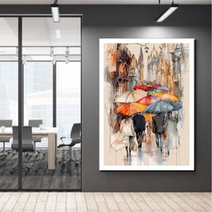 Póster de paisaje urbano, impresión artística de paisaje urbano lluvioso - Paraguas en calle adoquinada - Póster impresionista - Arte mural minimalista moderno