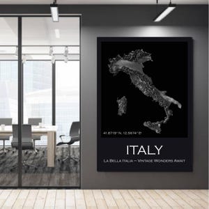 Vintage Italy Black and White Map Poster – La Bella Italia Wall Art – Italian Travel Decor – Rome Coordinates Print – Digital Print Download