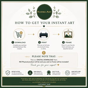 May include: An instructional graphic titled CUSTOM ART explaining the digital download process. It features three steps: download, print, and frame, with icons for a shopping cart, printer, and framed picture. It includes a note about digital files.