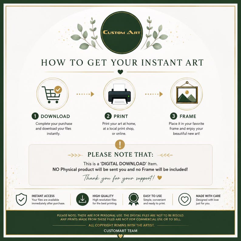 May include: An instructional graphic titled CUSTOM ART explaining the digital download process. It features three steps: download, print, and frame, with icons for a shopping cart, printer, and framed picture. It includes a note about digital files.