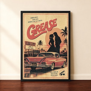 Poster ispirato al film Grease in stile retrò, decorazione murale romantica vintage anni '50, stampa di un'auto americana classica, arredamento cinematografico, poster di un film di Hollywood.