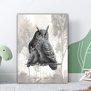 Black and White Owl Digital Poster – Vintage Nocturnal Bird Wall Art Printable – Monochrome Wildlife Owl Rustic Minimalist, Nature Decor art