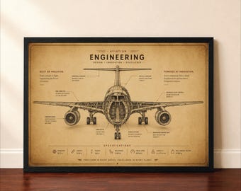Vliegtuigblauwdrukposter | Muurdecoratie voor luchtvaarttechniek | Vintage technische tekening | Luchtvaartdecoratie, technische vliegtuigposter, retro kunst