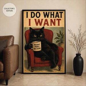 May include: A framed wall art print featuring a black cat sitting in a red armchair, holding a beige mug with the text "BECAUSE PEOPLE ARE STUPID". The top of the print displays the text "I DO WHAT I WANT" in bold black and red lettering.