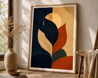 Botaniczna sztuka ścienna w stylu mid-century modern, abstrakcyjny nadruk z liści, plakat retro boho, pomarańczowo-granatowa dekoracja ścienna do druku, cyfrowe pobieranie sztuki