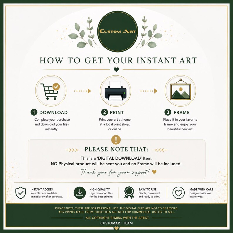 May include: An instructional graphic titled CUSTOM ART explaining the digital download process. It features three steps: download, print, and frame, with icons for a shopping cart, printer, and framed picture. It includes a note about digital files.