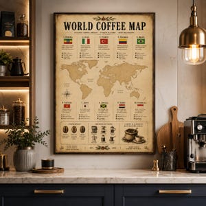 Póster del mapa mundial del café, arte mural vintage sobre café, decoración para cafetería, decoración de cocina, arte mural para café, regalo para amantes del café, lámina sobre la historia del café