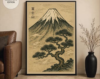 Affiche vintage du Mont Fuji, paysage japonais, décoration zen inspirée de la nature, estampe Ukiyo-e, décoration intérieure Wabi-Sabi, art mural bonsaï