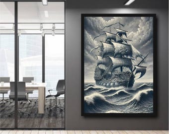 Mystisches Piratenschiff Kunstdruck - Vintage Nautik Wand dekor, Stürmisches Meer Gothic Segelschiff Poster, Maritime Fantasy Kunst