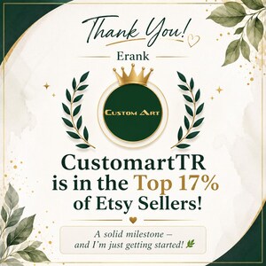 May include: A graphic announcement featuring the text Thank You! Erank, Custom Art, and CustomartTR is in the Top 17% of Etsy Sellers! A solid milestone - and I'm just getting started! The design includes a gold crown, laurel wreaths, and leaves.