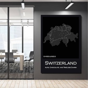Switzerland Digital Map Poster Printable – Vintage Black and White Swiss Wall Art – Minimalist Switzerland Poster, Swiss geography poster