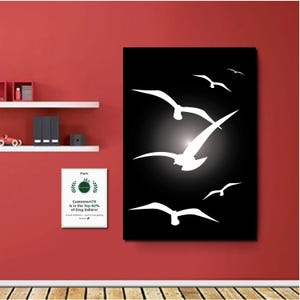 Minimalist Seagull Wall Art Print, Black White Bird Digital Download, Modern Coastal Home Decor, Serene Flying Birds Poster, Nautical Decor