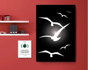 Minimalist Seagull Wall Art Print, Black White Bird Digital Download, Modern Coastal Home Decor, Serene Flying Birds Poster, Nautical Decor