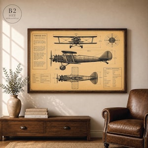 Vintage Airplane Blueprint Digital Download - Retro Aviation Wall Art, Antique Aircraft Patent Print, Plane poster, Printable Biplane Poster