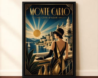 French Riviera Art Deco Poster, Côte D Azur Monte Carlo Wall Art, Vintage Travel Artwork, Monaco Coastal Artwork, Art Deco Digital Download