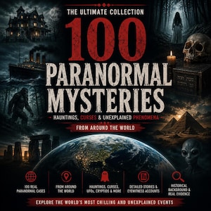 May include: A book cover titled 100 Paranormal Mysteries featuring a large red 100, white text, and a collage of dark imagery including a haunted house, a ship, a skull, a pyramid, an alien, and a view of Earth from space with five icons.