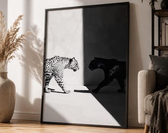 Affiche numérique moderne Jaguar et Panthère | Décoration murale monochrome animalière | Faune de luxe | Décoration prédateurs de la jungle | Art animalier minimaliste