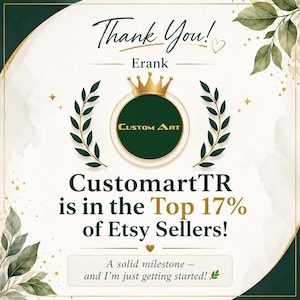 May include: A graphic announcement featuring the text Thank You! Erank, Custom Art, and CustomartTR is in the Top 17% of Etsy Sellers! A solid milestone - and I'm just getting started! The design includes a gold crown, laurel wreaths, and leaves.