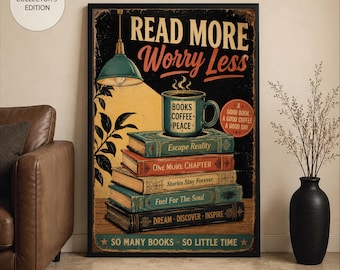 Retro Book Poster, Library Wall Art, Book Lover Decor, Reading Nook Decor, Coffee Corner Print, Vintage Literary Poster, Vintage Wall Decor