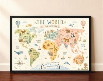 Kids World Map Printable Poster, Animal World Map Print, Educational Wall Art, Watercolor Nursery Decor, Geography Learning Digital Download