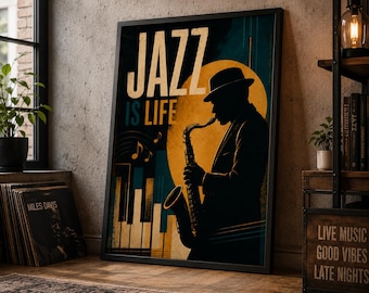 Vintage Jazz Poster, Jazz Wall Art, Saxophone Poster, Retro Music Print, Jazz Music Art, Jazz Club Decor, Music Lover Gift,