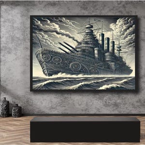 Battleship Digital download Art Print, Vintage Naval Warship Poster, Dark Fantasy Nautical Decor, Gothic Maritime Wall Art Download poster