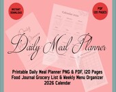 Daily Meal Planner Printable PDF 2026 - 120 Pages Food Journal, Grocery List & Weekly Menu Organizer, Diet Tracker Calendar for Weight Loss