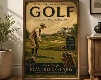Decorazione murale storica per il golf, opera d'arte vintage per il fairway, illustrazione classica di un golfista, stampa sportiva Art Déco, regalo per gli amanti del golf, poster vintage di golf