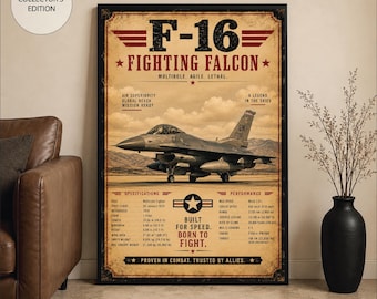 May include: A framed poster featuring an F-16 Fighting Falcon aircraft in a sepia-toned landscape. The text includes F-16 FIGHTING FALCON, MULTIROLE, AGILE, LETHAL, and detailed technical specifications in imperial units, plus the phrase BUILT FOR SPEED. BORN TO FIGHT.
