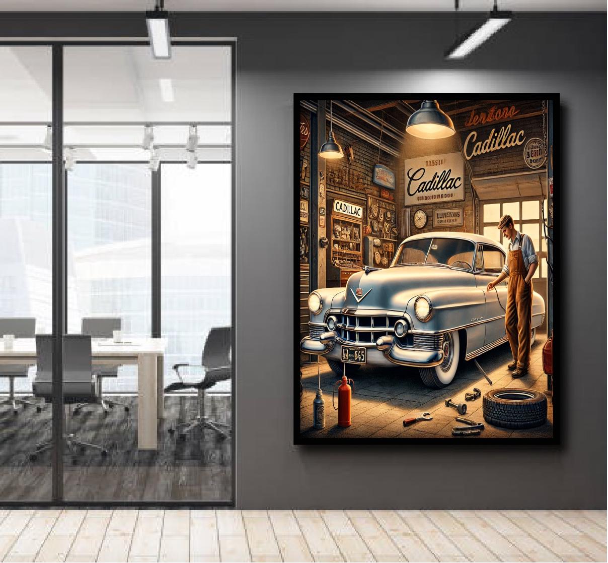 Vintage Cadillac Garage Digital Art Poster - Classic Car Workshop