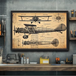 Vintage Airplane Blueprint Digital Download - Retro Aviation Wall Art, Antique Aircraft Patent Print, Plane poster, Printable Biplane Poster