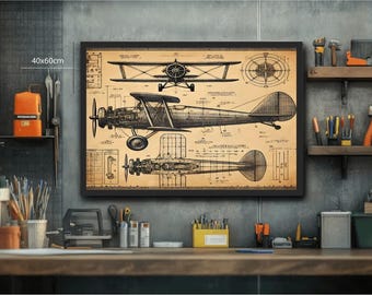 Vintage Airplane Blueprint Digital Download - Retro Aviation Wall Art, Antique Aircraft Patent Print, Plane poster, Printable Biplane Poster