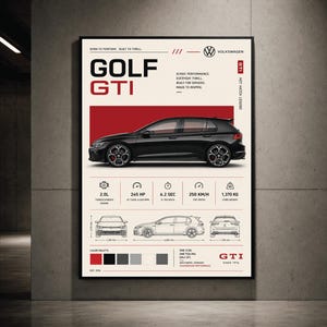 Póster del Volkswagen Golf GTI, arte mural moderno de coches deportivos, lámina automotriz, decoración de garaje GTI, obra de arte de compacto deportivo, regalo para entusiastas de los coches