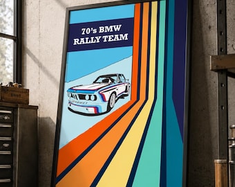 Póster de coche BMW vintage, póster BMW de los años 70, lámina de coche clásico / lámina de automovilismo, coche de rally BMW / arte de pared de coche, decoración de coche clásico, coche vintage