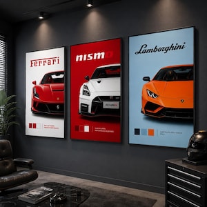 May include: Three vertical wall art prints featuring sports cars. The left print shows a red Ferrari on white, the centre a white Nismo on red, and the right an orange Lamborghini on light blue. Each includes brand text and colour palettes.