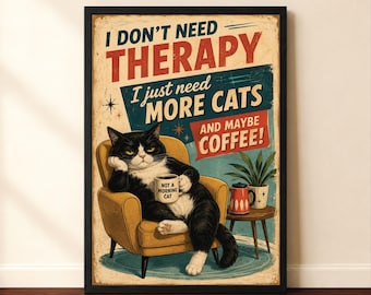 Vintage Funny Cat Art, Black Cat Poster, Retro Animal Print, Coffee Humor Cat Artwork, Mid Century Humor Decor, Sarcastic Cat Artwork