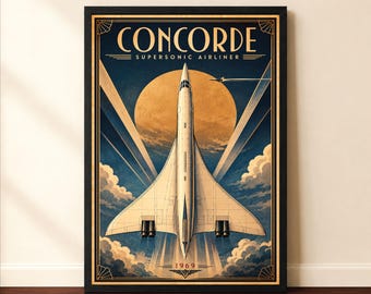 Concorde Supersonic Airliner Poster, Vintage Aviation Wall Art, Art Deco Aircraft Print, Retro Aerospace Design, Flight Enthusiast Gift