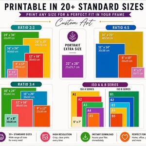 May include: A digital chart titled PRINTABLE IN 20+ STANDARD SIZES displaying various rectangular paper dimensions categorized by ratios 2:3, 4:5, 3:4, and ISO A & B series. Each section features colored rectangles labeled with imperial and metric measurements.