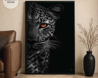 Affiche portrait de léopard noir, art mural monochrome léopard, tirage photo animalier, œuvre d'art moderne grand félin, photographie d'animaux de safari