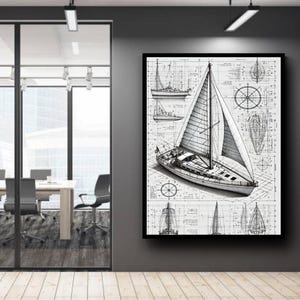 Impression numérique de plan de voilier - croquis technique de bateau nautique, art mural maritime vintage, dessin technique de voilier, décoration d'intérieur