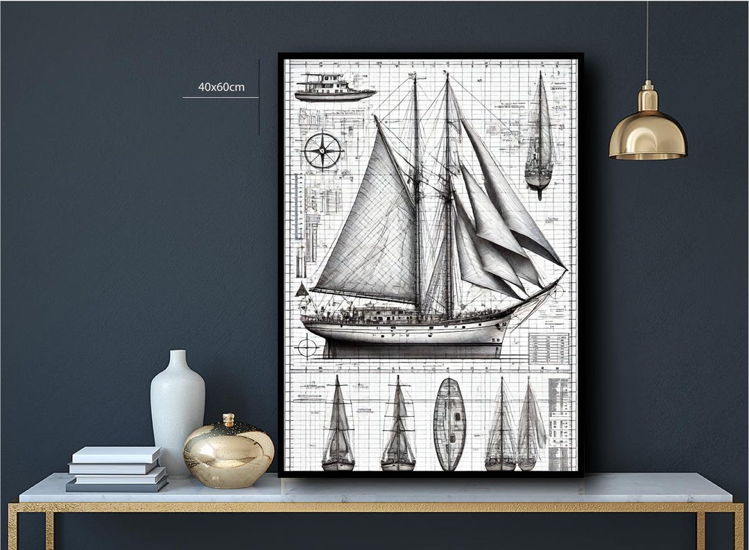 Vintage Sailing Boat Blueprint Digital Print - Nautical Ship Drawing ...