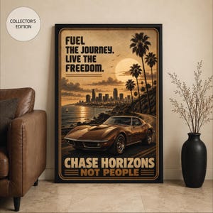Plakat z zabytkowym Chevroletem Corvette | Klasyczna sztuka ścienna z C3 Stingray | Wydruk z motywem zachodu słońca nad morzem, Sztuka ścienna z Chevroletem C3, Sztuka ścienna z amerykańskimi samochodami w stylu retro