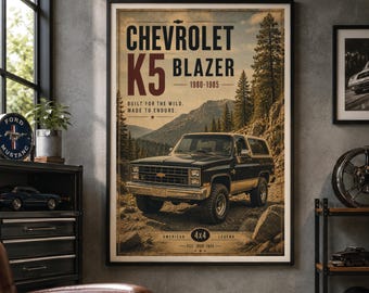 Chevrolet K5 Blazer Poster | Vintage American 4x4 Truck | Square Body SUV | Retro Off Road Car | Classic 4x4 SUV | Mountain Landscape