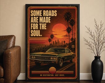 ビンテージ シボレー インパラ ポスター、クラシック アメリカン マッスルカー ウォールアート、ルート 66 サンセット プリント、シボレー インパラ ビンテージ プリント、レトロ カー ウォールアート