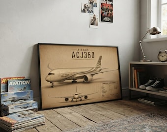 Vintage blauwdruk van de Airbus ACJ350, technische poster van een vliegtuig, hoogwaardige luchtvaartdecoratie, vintage vliegtuig muurdecoratie, retro vliegtuigtekening.