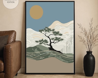Minimalist Japanese Landscape Poster, Japandi Wall Art, Bonsai Tree Print, Zen Nature Artwork, Wabi Sabi Decor, Scandinavian Interior Poster