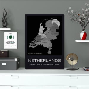 Art mural carte hollandaise noir et blanc de style vintage - affiche des Pays-Bas, carte numérique des Pays-Bas, impression du patrimoine néerlandais, art mural scandinave