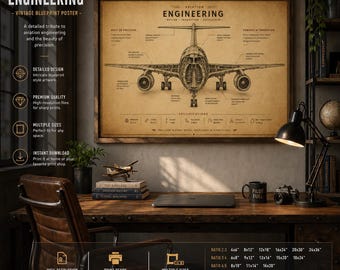 Vliegtuigblauwdrukposter | Muurdecoratie voor luchtvaarttechniek | Vintage technische tekening | Luchtvaartdecoratie, technische vliegtuigposter, retro kunst