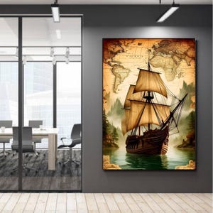Affiche numérique vintage de voilier - art mural nautique carte du vieux monde, téléchargement de bateau pirate - décoration explorateur maritime - art mural bateau antique